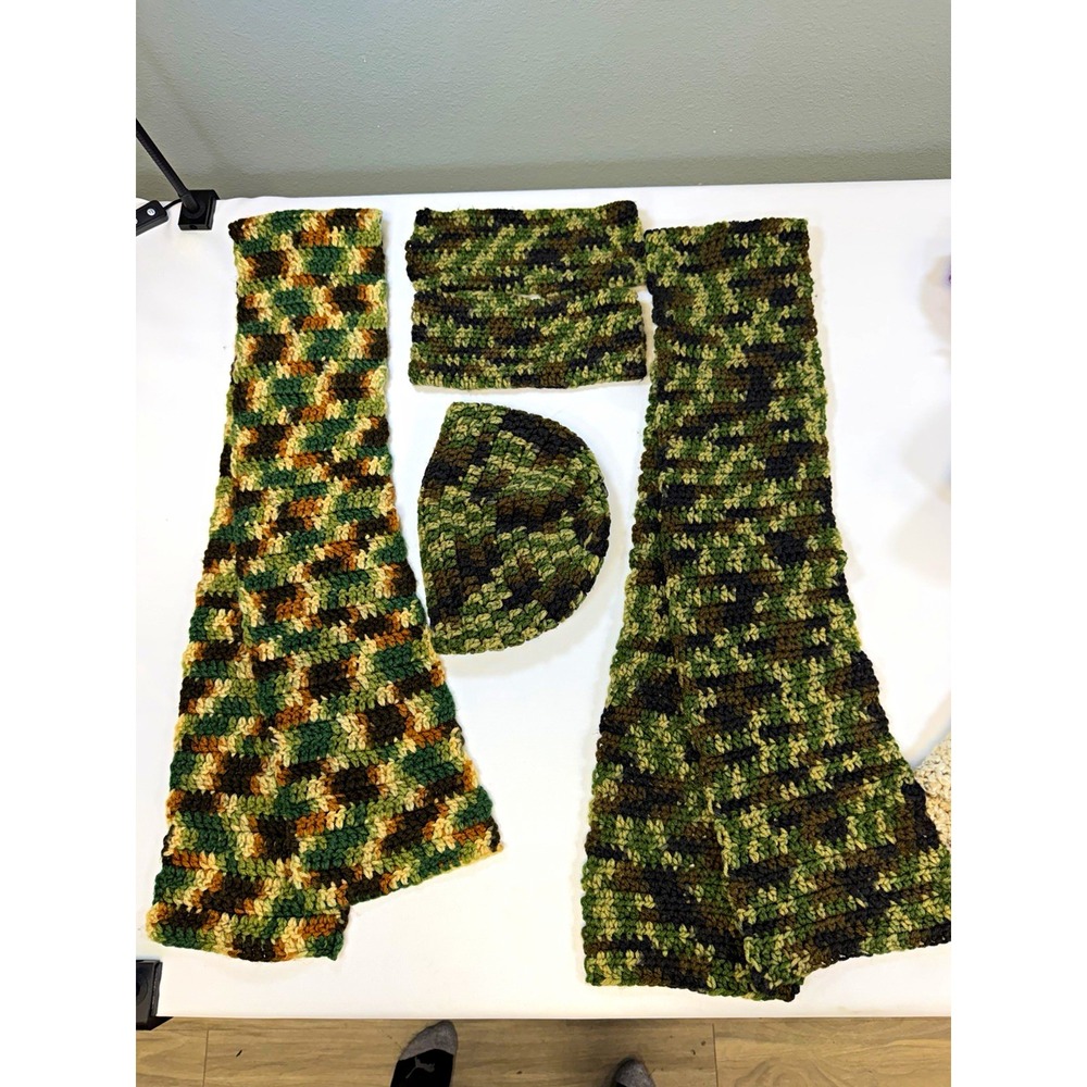 Handmade Crochet Camo Hat Scarf Lot 4pc Hunting Beanie Cowl Neck Warmer Wrap